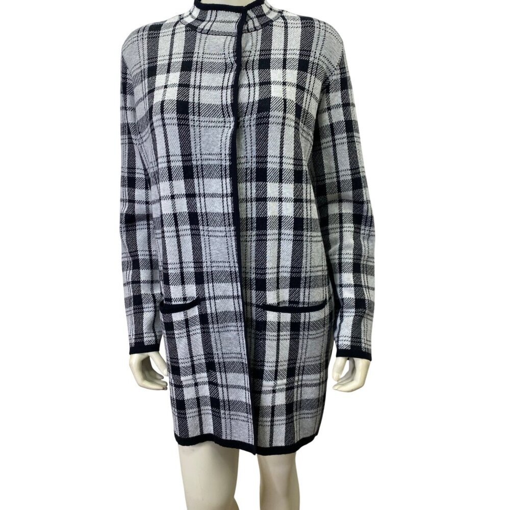Jones New York Womens Plaid Longline‎ Cardigan Coat With Front Pockets Md